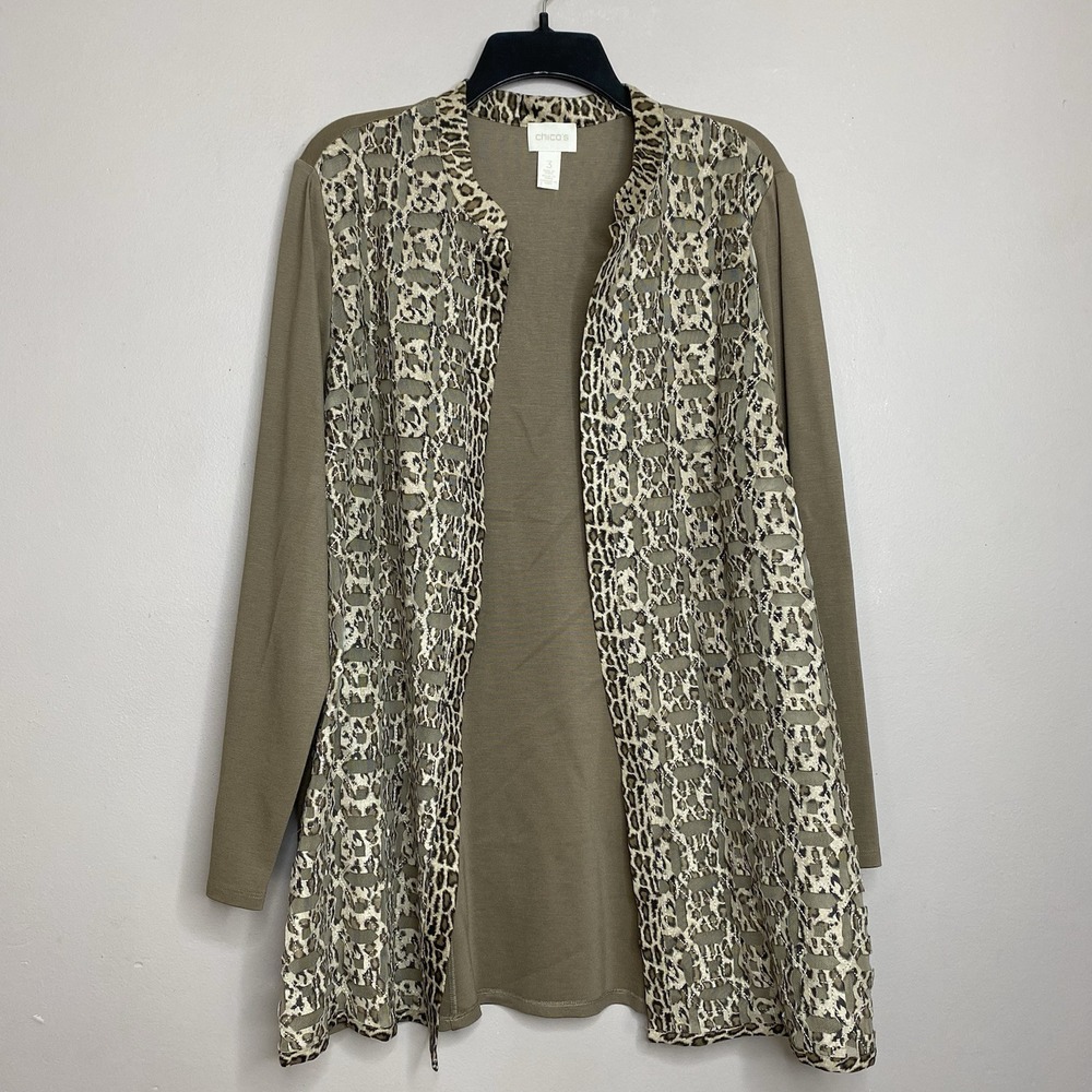 CHICOS Leopard Mesh Soft Taupe Duster‎ Open Front Cardigan Size 3
